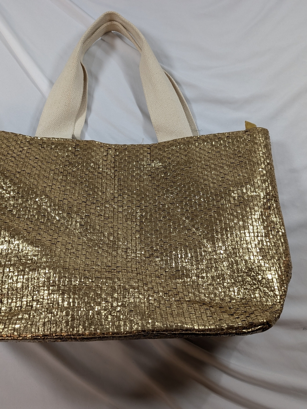 Source Unknown Metallic Gold Woven Tote with Cream Handles